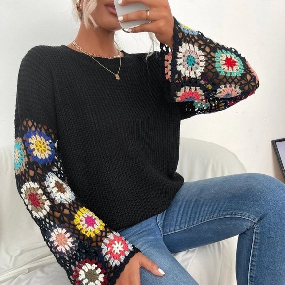 . Sweaters - Black Casual Womens Floral Pattern Drop Shoulder Open Knit Sweater